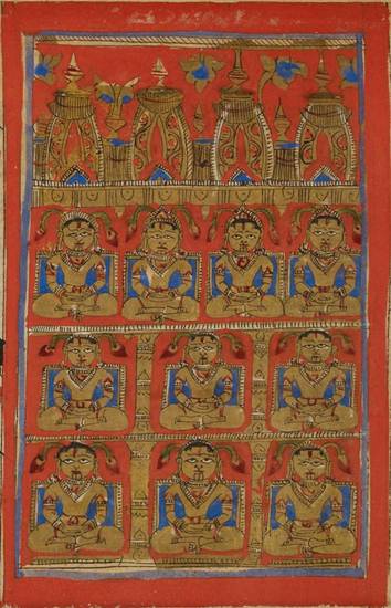 This manuscript painting depicts ten identical Jinas. Those between Ṛṣabha, the first one, and Nemi, the 22nd, are usually portrayed identically in art. Omniscient, in lotus pose, their jewels and headdresses show they are spiritual kings to Śvetāmbaras.