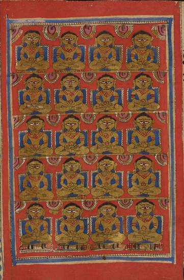 This manuscript painting is of 20 identical Jinas, who are very probably those between Ṛṣabha, the first one, and Nemi, the 22nd. Omniscient and seated in the lotus pose of meditation, they are Śvetāmbara spiritual rulers, symbolised by their jewellery.