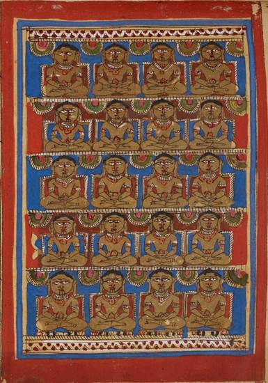 This manuscript painting is of the 20 Jinas between Ṛṣabha, the first one, and Nemi, the 22nd. Omniscient and in the lotus meditation pose, they have bumps on their heads, signifying wisdom. Their jewellery and open eyes are typical of Śvetāmbara images.