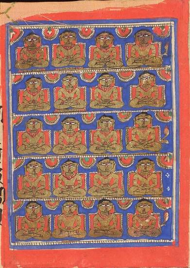 This manuscript painting depicts 20 Jinas, probably those between Ṛṣabha, the first one, and Nemi, the 22nd. Omniscient and in the lotus meditation pose, they wear jewellery and have bumps on the crowns of their heads, which signifies great wisdom.