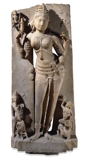 Marble statue of Ambikā or Kūṣmāṇḍinī. Her divine vehicle of a lion is at the bottom, along with two boys, who are her sons. As goddess of motherhood and fertility, she is one of the most popular Jain deities among both Śvetāmbaras and Digambaras.