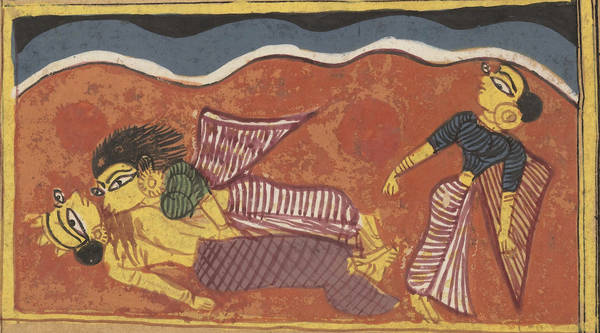 This manuscript painting from the 'Jasahara-cariu' depicts the violent deaths of King Yaśodhara and his mother Candramatī at the hands of Queen Amṛtamati. She poisons them and then attacks her dying husband like a wild beast. The tale illustrates karma.