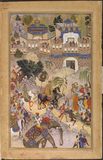 This illustration from the 'Akbar-nāmah' shows the Emperor Akbar on a black horse, after his 1572 conquest of Surat in Gujarat. During Akbar's long reign, Jains were frequently prominent at court and were often able to advance Jain interests