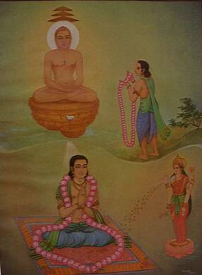 The devotee wears a garland of the first letters of the 48 verses in the Digambara hymn. The Bhaktāmara-stotra is dedicated to the first Jina, R̥ṣabha, at the top. On the right, prosperity is shown as the goddess Lakṣmī.