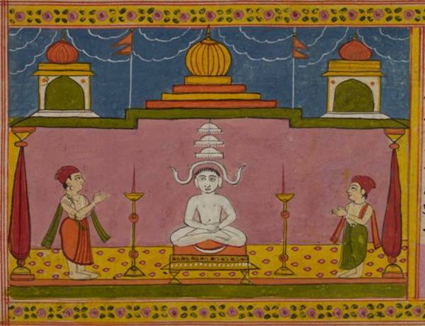 This manuscript painting shows an idol of Candraprabhanatha or Lord Candraprabha being worshipped. The white colour and the emblem – lāñchana – of the crescent moon identify the statue as the eighth Jina. Above his head is the triple parasol of royalty.