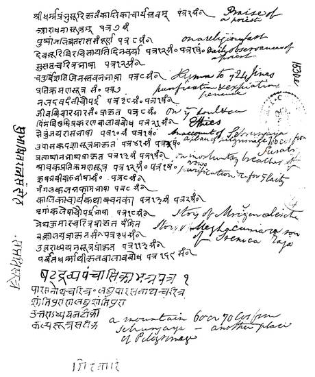 This handwritten list of Jain manuscripts is among the India Office Library's collection of Colebrooke's papers, which he donated to it in 1819. In Devanāgarī script, the list enumerates 27 items, some with English translations alongside. Now in the holdi
