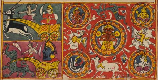 This manuscript painting shows the nine planets or celestial elements – navagraha. The sun – sūrya – is in the middle and around him revolve the planets. The panel on the left shows the moon in his chariot. Below him are Ketu and Rāhu, who cause eclipses.