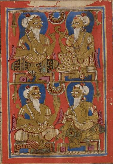 This manuscript painting shows learned men interpreting the dreams of the woman carrying a baby who will grow up to become a Jina. In Jain tradition, dreams often herald the birth of the great individuals whose stories are told in Jain Universal History.