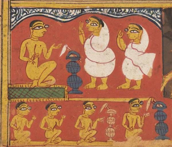 This detail of a manuscript painting shows Digambara novices and monks. Full monks go naked as part of their vow of non-possession while novices wear white garments until they are ready to renounce the world fully