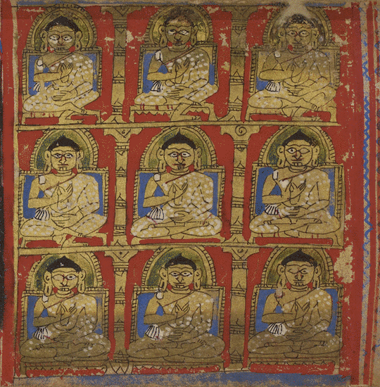 In this manuscript painting half a dozen monks represent the chief disciples – gaṇadhara – of Mahāvīra, the 24th Jina. The gaṇadharas orally transmit the Jina's teachings, which pass down the generations until the scriptures are written down.