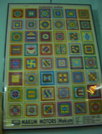 A 20th-century poster showing 48 yantras – mystical diagrams – that correspond to each of the stanzas in the Digambara Bhaktāmara-stotra. This poster is on the wall of the Digambara temple in Pondicherry.