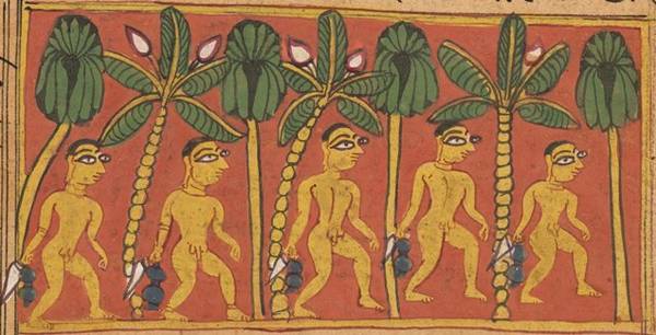 This manuscript painting shows monks in a forest. Fully-fledged monks from the Digambara sect are easily identified from their nudity, which signals complete detachment from worldly concerns. They carry only water pots and peacock-feather brooms
