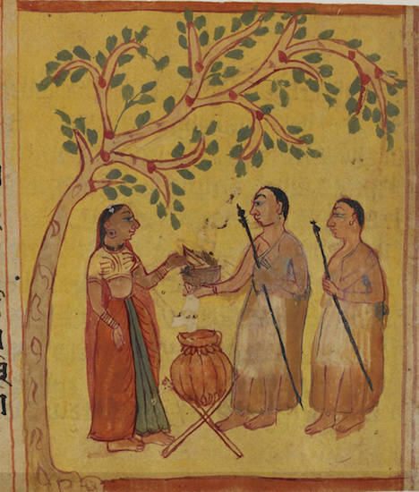 This manuscript painting of Matisāra's version of the Śālibhadra story shows the two monks Dhanya and Śālibhadra accepting alms from a milk-woman. Their white robes and wooden staffs indicate they belong to the Śvetāmbara Mūrti-pūjaka sect.