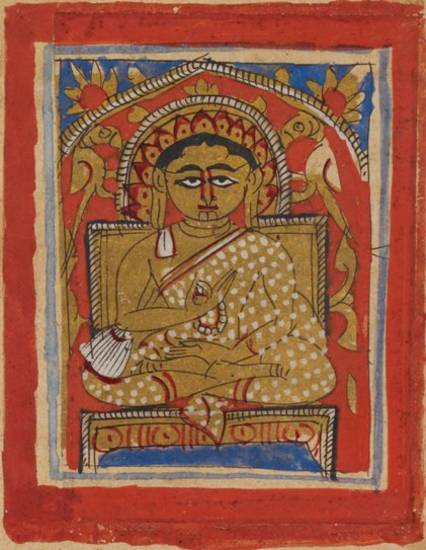 Indrabhūti Gautama in a painting from a 15th-century Śvetāmbara manuscript. The chief disciple of the 24th Jina, Mahāvīra, Gautama is an important Jain figure and features in many scriptures and tales.