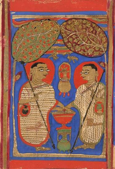 This Kalpa-sūtra manuscript painting illustrates rules on alms during the rainy season. The third part of this Śvetāmbara scripture details mendicant conduct during the monsoon, when monks and nuns stay in one place instead of constantly 'wandering'