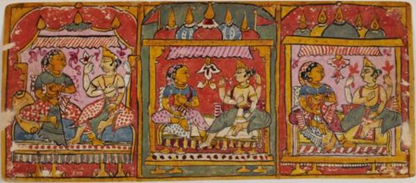 Pairs of gods enjoying lives of pleasure in the heavens are shown in this manuscript painting. The ornate furnishings and flowers, and the deities' jewels and rich clothing emphasise the luxury of living in the highest of the three worlds of Jain cosmolog