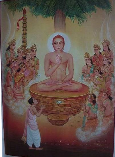 Gods compose hymns of praise dedicated to the first Jina, R̥ṣabha, and devotees do the same. This illustration of the second verse of the Bhaktāmara-stotra is from the 1992 edition of the 'Illustrated Bhaktamar Stotra'.