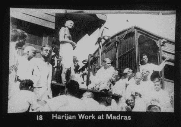 In this still from a film, Māhatama Gandhi discusses the lowly position of the Dalits or 'Untouchables'. In the 1930s he advocated ending the widespread customary discrimination against Dalits. He adopted the term 'Harijan' – meaning 'children of God'.