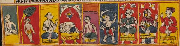 The types of human lives are shown in this painting from a manuscript. The length of life and many of the experiences of a lifetime are determined by karma, which comes mainly from behaviour in previous lives.