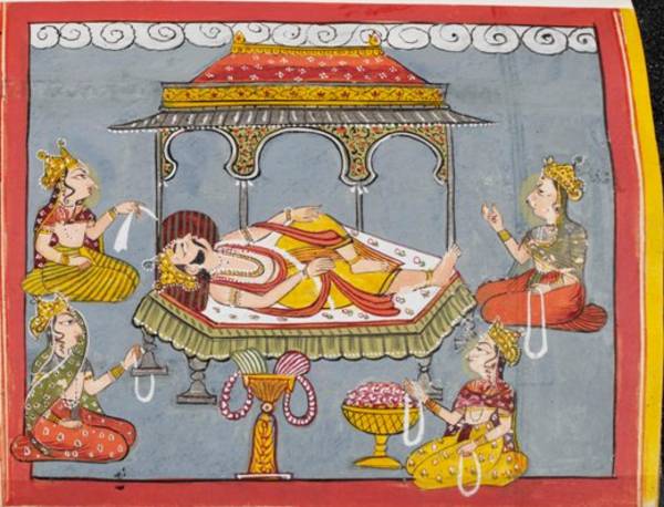 This manuscript painting depicts the gods' lives of enjoyment in the heavens. The costly furnishings, jewels and rich clothing of the beautiful gods underline the pleasures of the topmost of the three worlds of Jain cosmology.
