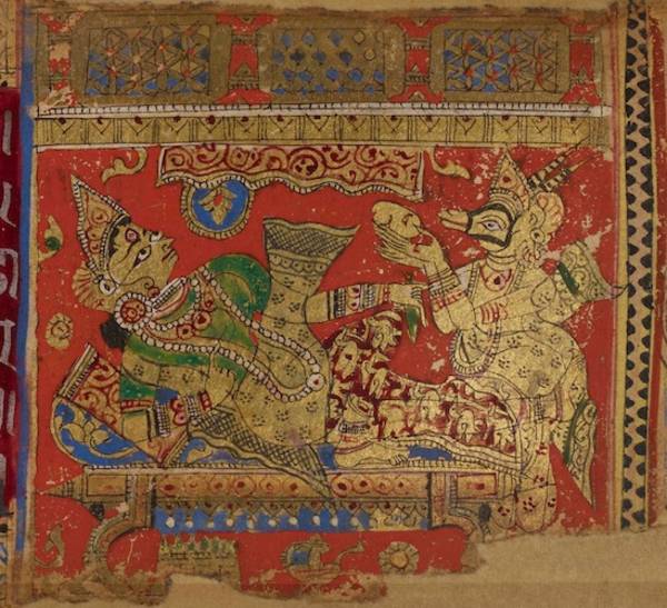 A manuscript painting of Hariṇaigameṣin taking the embryo from Devānandā's womb. King of the gods, Lord Śakra has ordered him to move the embryo of Mahāvīra, the 24th Jina. A Jina cannot be born into the brahmin caste, but must have a kṣatriya mother
