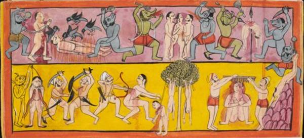 In this manuscript painting, beings in hell are tortured by animals, demons and other infernal beings. Suffering is the hallmark of the seven hells that make up the lower world of three in the Jain universe.
