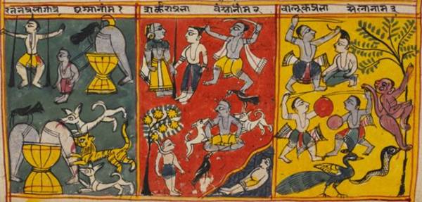 In this manuscript painting, hellish beings endure some of the tortures of the lower world, such as being attacked by animals or other hell-beings. Suffering is a big part of living in the lower world of the three worlds of the Jain universe. Souls who ha