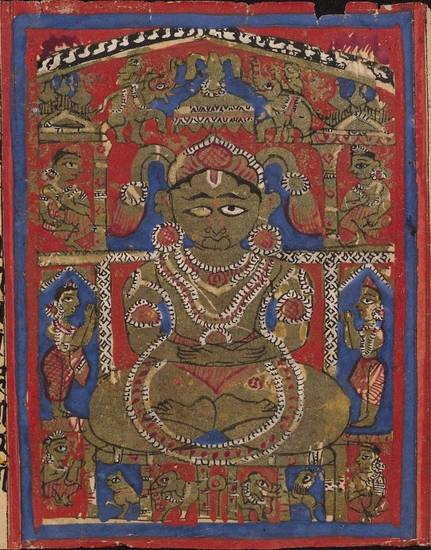 This 16th-century manuscript painting shows a Jina in the lotus position of meditation. His jewellery and headdress show that he is a spiritual king. Jinas are always pictured in a very stylised way and this Jina has no identifying emblem.