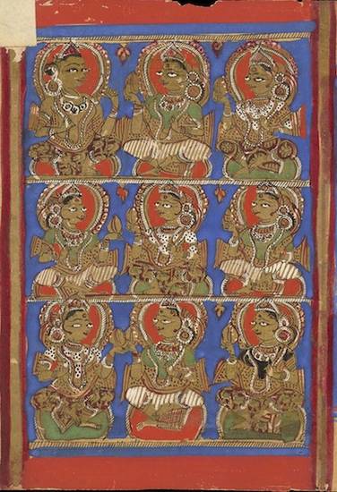 This picture from a manuscript of the Kalpa-sūtra dates from 1512. It depicts the elder Jambū-svāmin and his eight wives