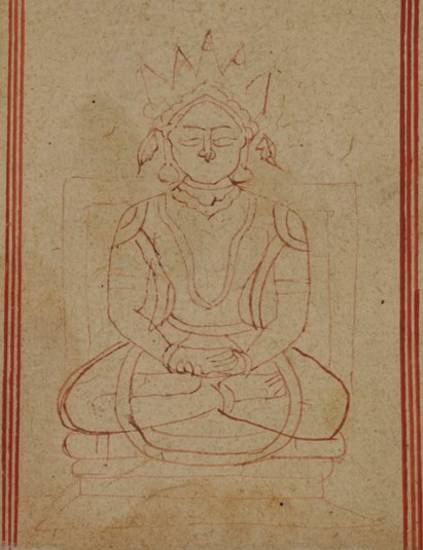 This drawing of a Jina is from the 'Caturviṃśati-stava', a set of hymns to the Jinas. Composed by Yaśovijaya in the 18th century, this text contains a hymn in Gujarati dedicated to each of the 24 Jinas.