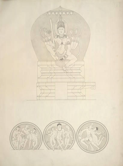 This 1853 drawing of a sculpture from Pattadakal in Karnataka shows Jvālamālinī. One of the Digambara names for the yakṣī of the eighth Jina, Candraprabha, Jvālamālinī has developed as an independent goddess among the Digambaras, especially in south India