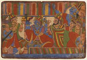 Blue-skinned Kṛṣṇa advises the Pāṇḍava brothers in this illustration of a scene in the Mahabharata, believed to be the longest poem in the world. Jain versions of the poem underline values such as non-violence and are part of Jain Universal History.