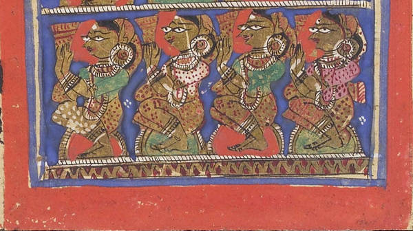 This detail from a manuscript shows four lay women listening to a sermon. Adorned with earrings and necklaces, the brightly dressed women raise their hands in homage. The fourfold community – saṇgha – is made up of monks, nuns, lay men and lay women.