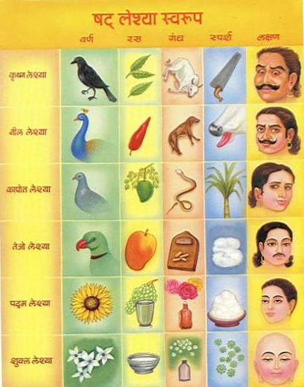 Details of the five attributes of the six colours of the soul – leśyās. These attributes are colour, taste, smell, touch and psychic characteristic. From the 'Illustrated Shri Bhagwati Sutra' in the 20th-century series overseen by Pravartak Shri Amar Muni