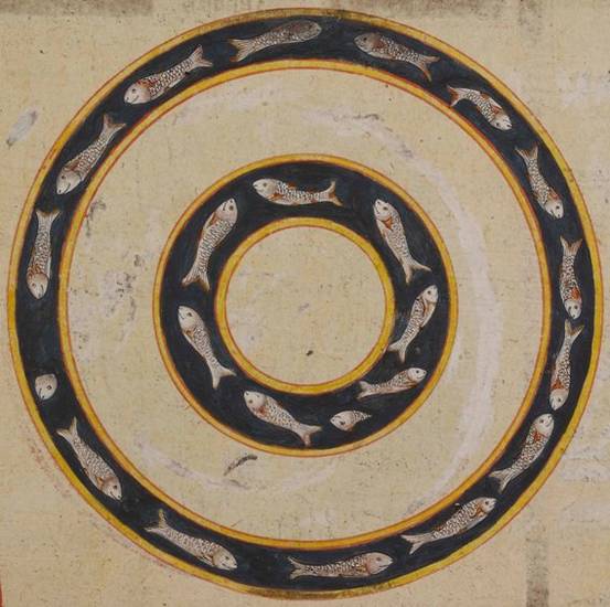 This painting from a manuscript shows the ring-shaped oceans of Lavaṇa-samudra and Kālodadhi. In the middle world of Jain cosmology, Lavaṇa-samudra – 'Salt Ocean' – separates the central continent of Jambū-dvīpa from the second continent of Dhātakīkhaṇḍa.