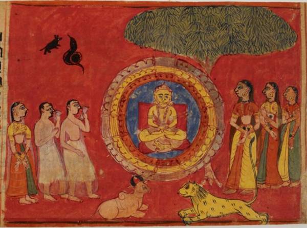 This manuscript painting depicts the 24th Jina Mahāvīra and the 'universal gathering' – samavasaraṇa. This Sanskrit term means the event during which the omniscient Jina preaches to all sentient beings – human beings, animals and deities. It also describe