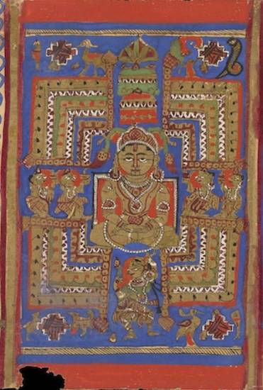 This manuscript painting shows Mahāvīra and the 'universal gathering' – samavasaraṇa. This Sanskrit term describes the assembly of human beings, animals and gods to whom the omniscient Jina preaches and the building designed to spread his words worldwide