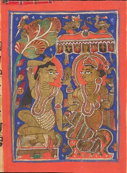This manuscript painting depicts Mahāvīra's initiation. Mahāvīra pulls out his hair in the rite of keśa-loca, which forms part of the ceremony of renunciation – dīkṣā – that begins life as a monk or nun. Śakra, king of the gods, watches him