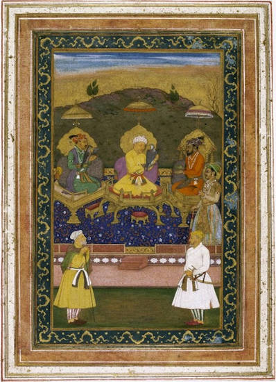 Mughal Emperors Akbar, Jahangir and Shah Jahan, and their ministers. Depicting a meeting that did not take place, the painting was created for Shah Jahan, on the right, about to receive a falcon from his grandfather Ak
