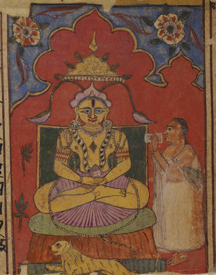 The 24th Jina Mahāvīra at the beginning of an 18th-century manuscript of the Śālibhadra story. The Jinas are commonly invoked at the start of a Jain manuscript, to bring good luck. This illustration presents Mahāvīra as a spiritual monarch.