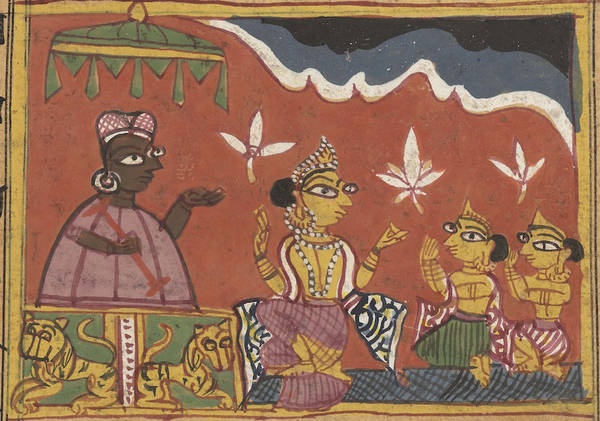 Śaiva ascetic Bhairava gives orders to King Māridatta. The king is so enthralled by the ascetic that he gives Bhairava trappings of high status and accepts his orders. Māridatta tells his men to bring pairs of animals for sacrifice, as Bhairava wishes.