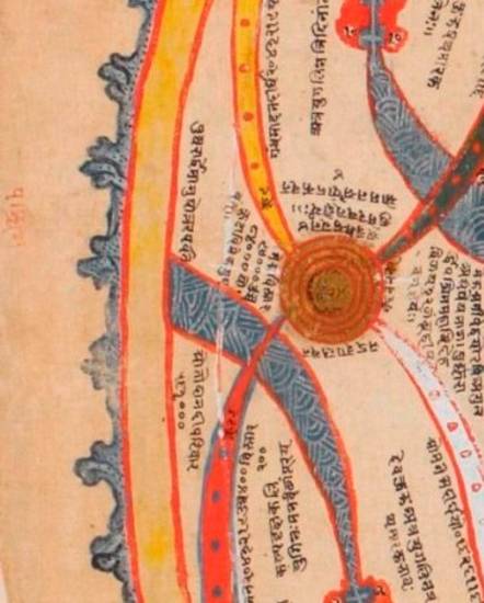 This detail of a manuscript painting shows the yellow and blue mountain range of Mānuṣottaraparvata or 'Mountain Beyond Mankind'. In Jain cosmology human beings can live only in the Two and A Half Continents, up to the inner half of the third continent.