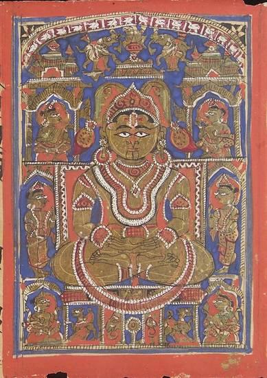 This manuscript art shows Mahāvīra in Puṣpottara heaven before his birth as a human who will become a Jina. All Jinas are born as celestial gods before their final lives as humans. Jinas are always human as only they can reach omniscience and liberation