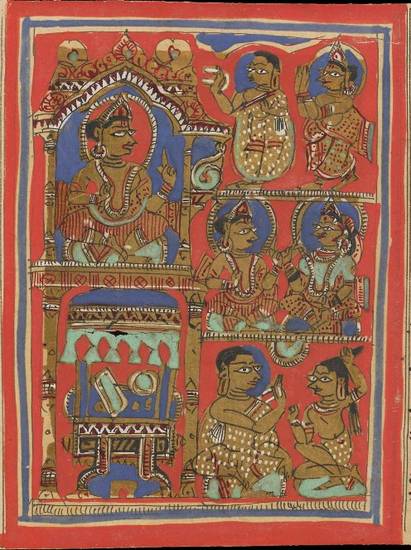 This Śvetāmbara manuscript painting shows Prince Mṛgāputra becoming a monk. He finally convinces his parents to let him perform dīkṣā – renunciation. He completes the ritual of keśa-loca – pulling out of hair – that indicates a mendicant's detachment