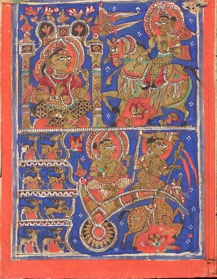 This manuscript painting shows Prince Nemi’s renunciation in two parts. First he visits his fiancée Princess Rājīmatī and then he flees the scene, upset by the distress of the animals about to be killed for his wedding feast