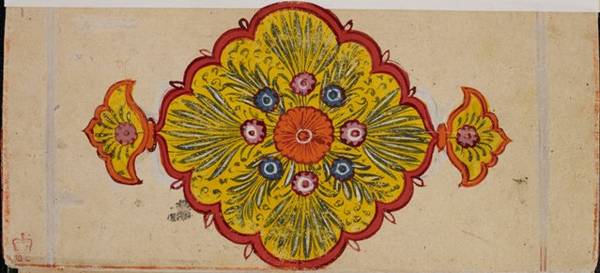 An ornamental motif is frequently used as the front cover of a manuscript. This cover is an example from a manuscript of the Śrīpāla-rāsa copied in the 17th to 18th centuries.