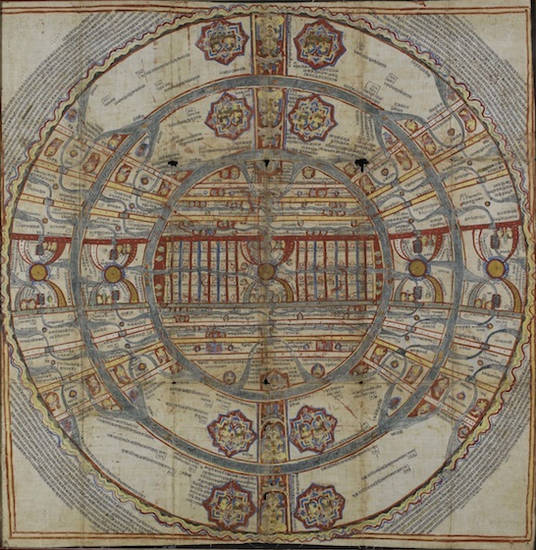 This example of a large cosmological painting on cloth – paṭa – depicts the Aḍhāī-dvīpa – Two and A Half Continents – of the Jain universe. Dating from the 18th to 19th centuries, this paṭa is an important way of sharing information about Jain cosmology.