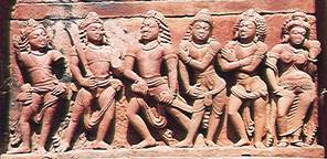 The five Pāṇḍava brothers from the epic 'Mahabharata'. The woman on the right is Draupadī, wife of Arjuna in the Jain poem. Jain tellings of the 'Mahabharata' underline values such as non-violence and are part of Jain Universal History.