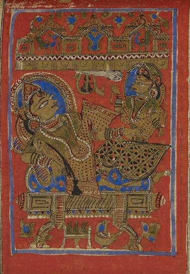The infant Pārśva and his mother are shown in this 15th-century Śvetāmbara manuscript painting. Pārśva's birth is celebrated in the festival of Poṣa-daśamī. Also called Pārśvanātha-jayantī, the festival falls in late December or early January each year.