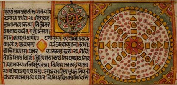 The two paintings of infernal palaces on this manuscript page demonstrate the symmetry and repetitive patterns that are characteristic of Jain cosmology.